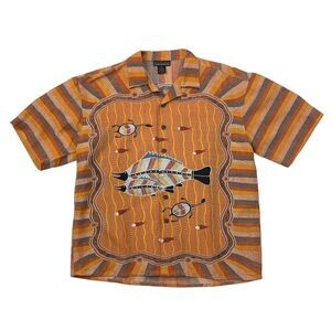 Montage Shirt Mens M Medium Microfiber Tropical Tribal Fish Print Wooden Buttons